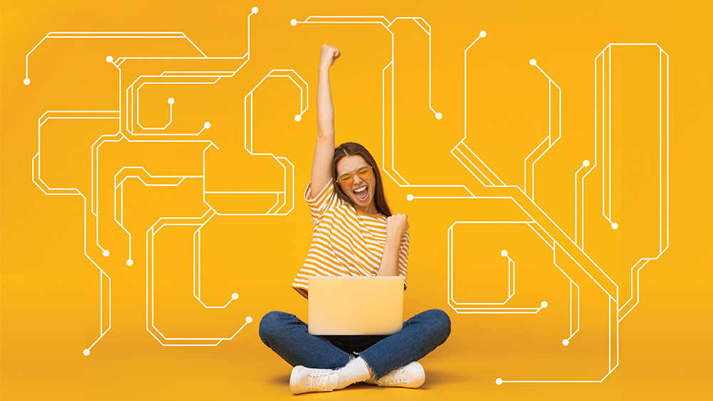 Female student sits on floor with her laptop with graphic circuits coming out of the laptop and a yellow background.