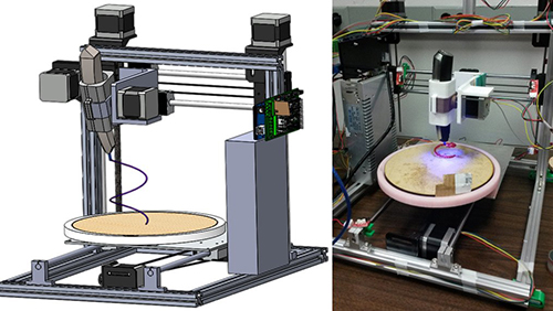 A graphic depicting a 3-D printer alongside the final product
