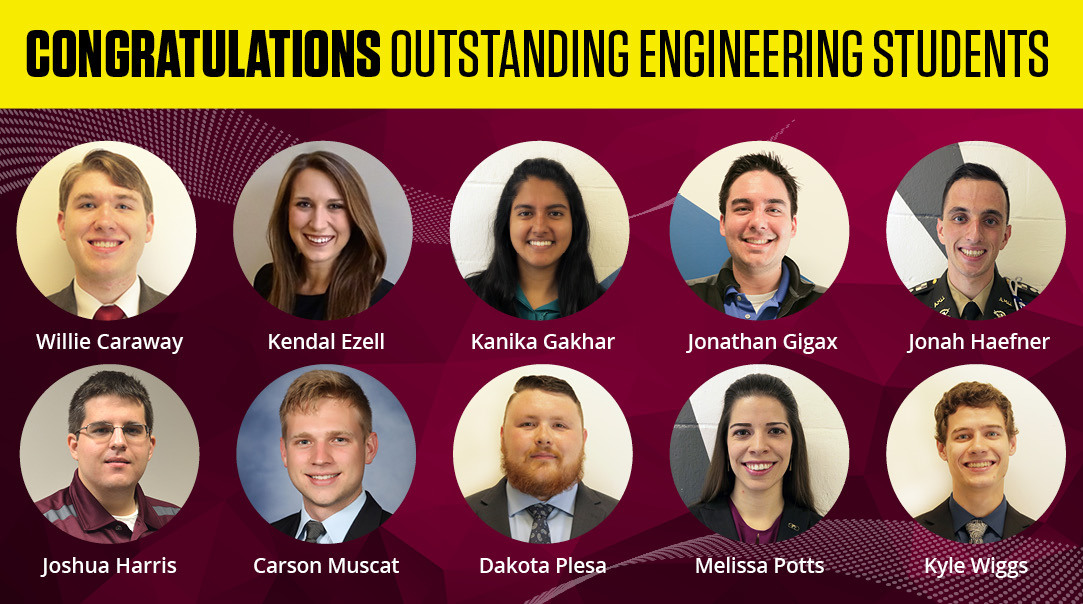 Headshots of ten students (7 boys and 3 girls) on banner with "Congratulations outstanding engineering students" across the top. their names are underneath their picture.