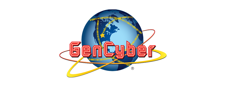 Logo for GenCyber program. Illustration of globe with yellow lines around it. Words "GenCyber" are at the front of the globe in red font.