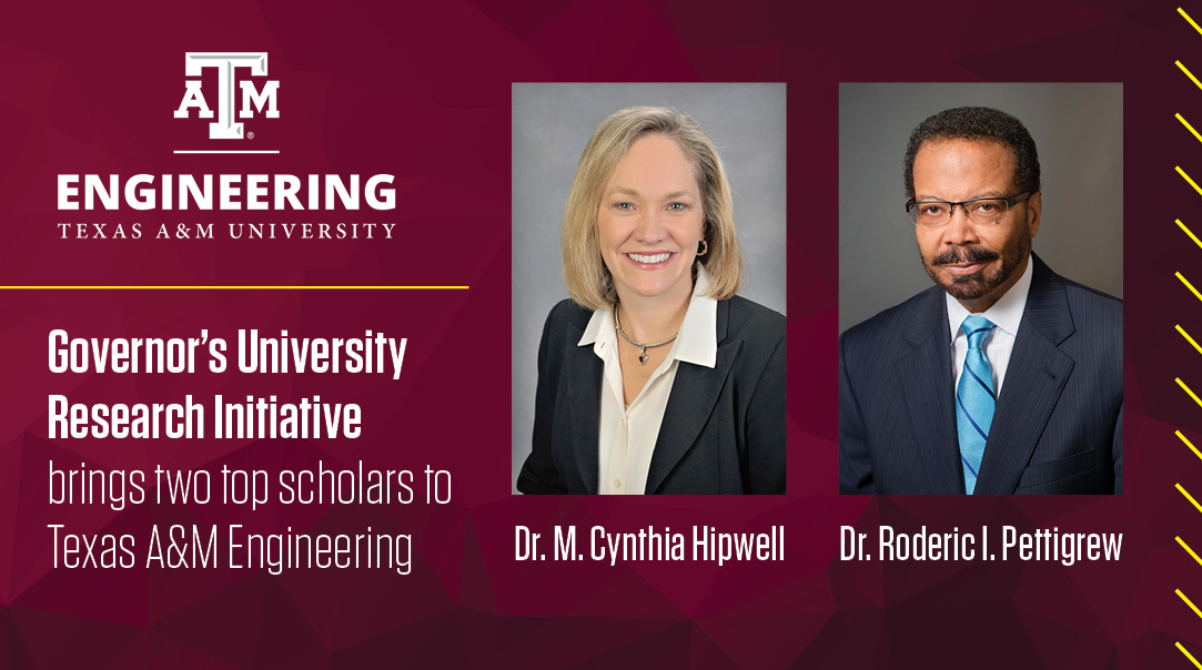 Headshots of man and woman in formal business attire. On the left side of the banner is the College of Engineering logo with "Governor's University Research Initiative brings two top scholars to Texas A&amp;M Engineering" underneath.
