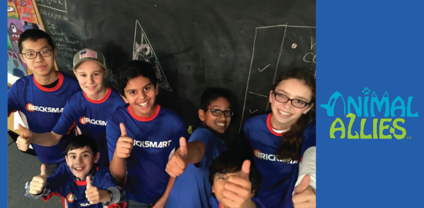 'Bricksmart' team of kids in matching blue t-shirts 