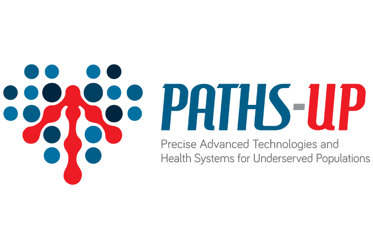 Logo for PATHS-UP (Precise Advanced Technologies and Health Systems for Underserved Populations). Full name spelled out under acronym. Font and illustration is red, blue and grey.