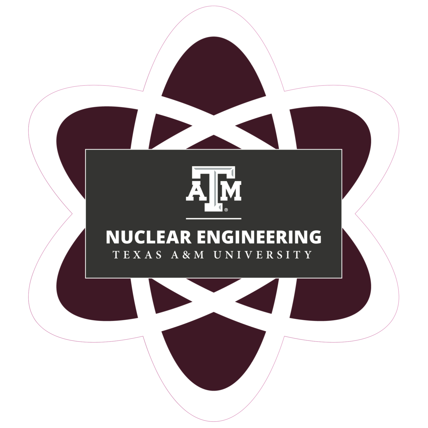 Atom symbol with Texas A&amp;M University logo and the words Nuclear Engineering, Texas A&amp;M University