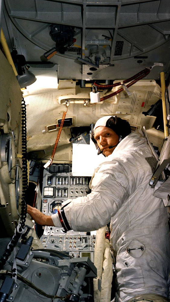 Astronaut Neil Armstrong in the lunar lander simulator