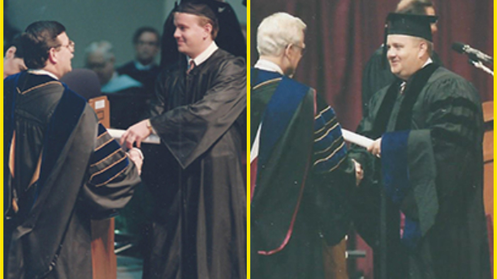 Dr. Brian Craig in two images receiving a bachelor's degree and his PhD on stage at graduation. 