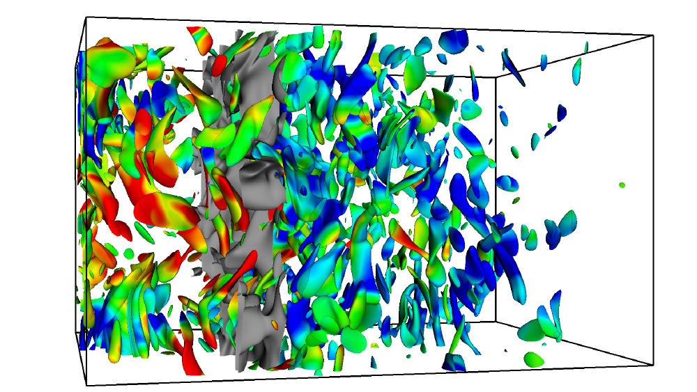 Three-dimensional picture showing the structure of enstrophy and colored by local Mach number with the shock at gray.
