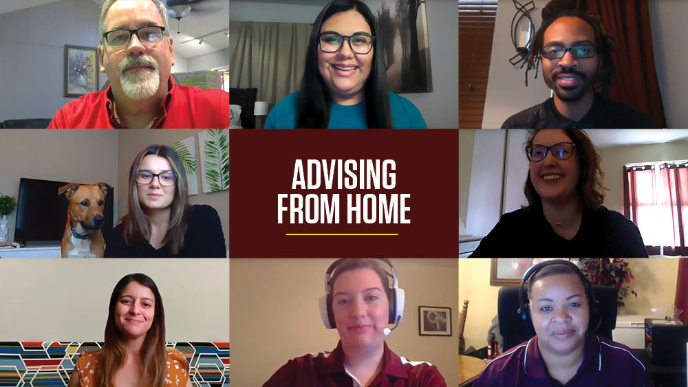 Eight images of individuals inside their homes are placed around a maroon box with "Advising from home"