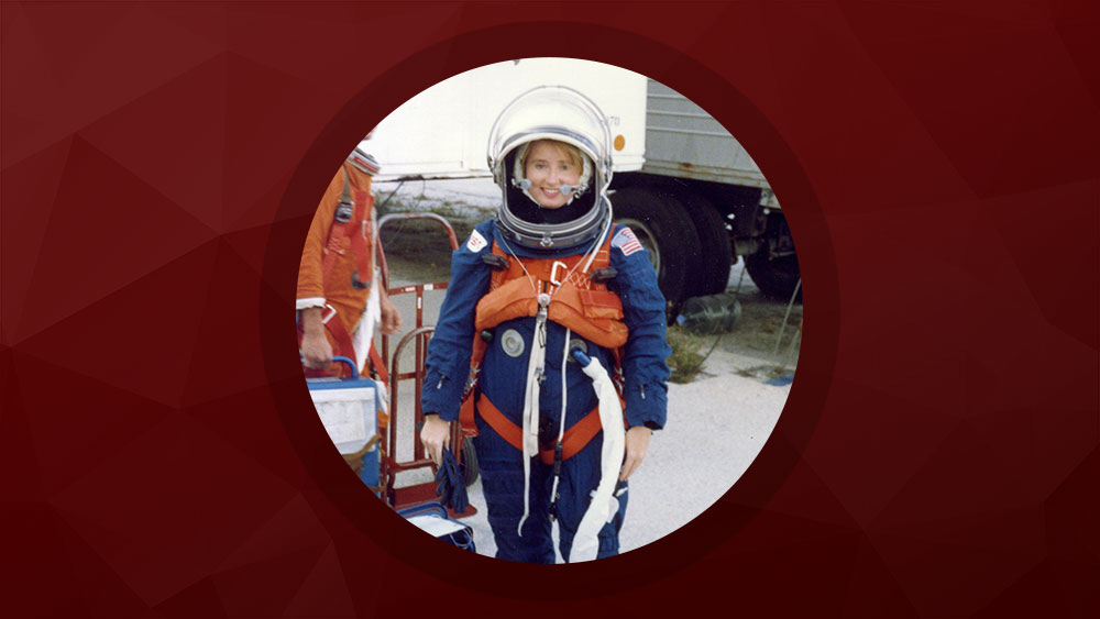 Tabitha Kavalew in space uniform. 