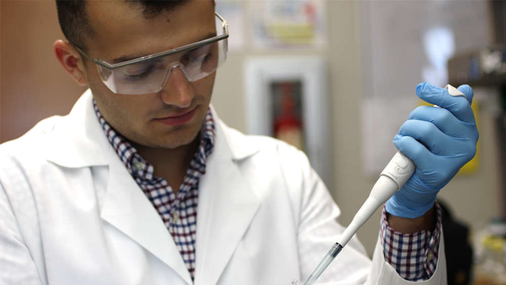 Male engineering student pipetting a liquid into a test tube in a lab
