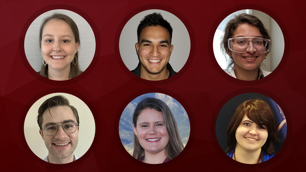 Five student headshots against a maroon background.