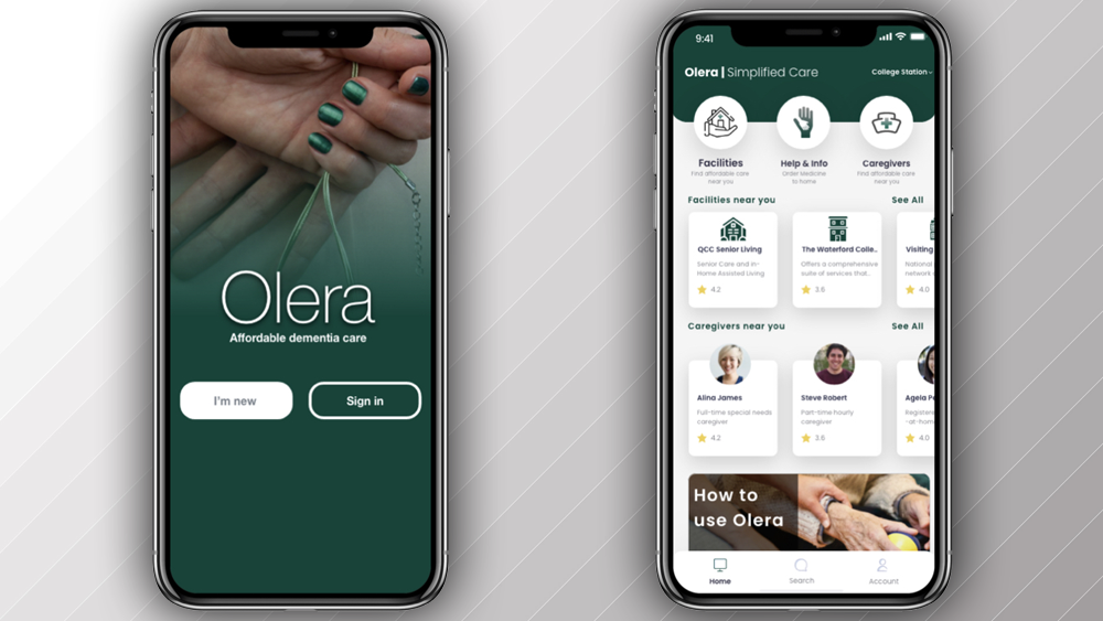 Prototype of Olera application, which includes the name as well as a listing of example elderly care facilities and contacts.