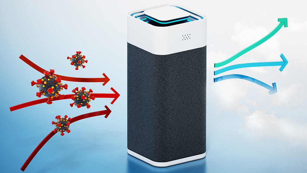 A graphic of an air purifier depicts viruses entering one side of the purifier and clean air exiting the opposite side of the purifier. 