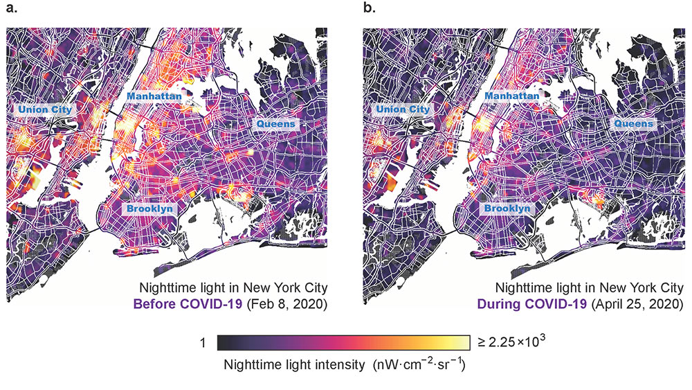 Two before and after images are depicted. In image A, the nighttime light in New York City before COVID-19 (February 8, 2020) is illustrated. In image B, the nighttime light in New York City during COVID-19 (April 25, 2020) is illustrated. There is a noticeable difference between the two images: image A depicts a larger amount of nighttime light than in image B. 
