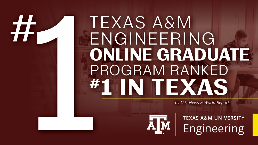 Online Graduate ranking banner that says Texas A&M engineering is number one in Texas, by US News & World Report.