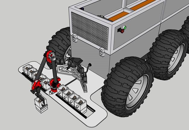 A 3D rendering of the Mobile Analytic Laboratory Platform. It is a rover-like robot whose main component is a box with large wheels at the base. 