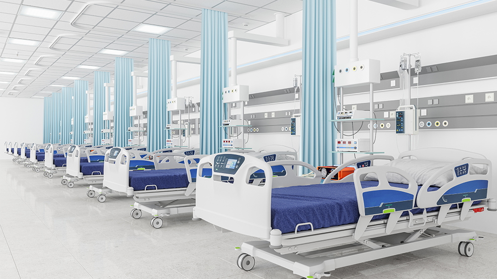 A row of beds in the ICU at a hospital. 