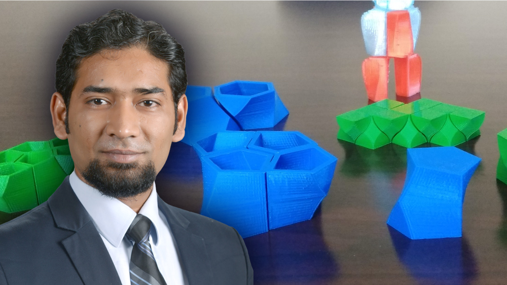 Dr. Vinayak Krishnamurthy and a graphic of 3D printed blocks