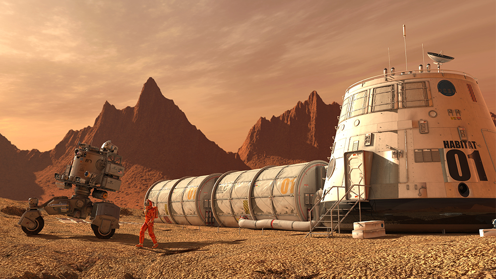 An astronaut walks next to a space structure and vehicle on mars in an artist rendition.