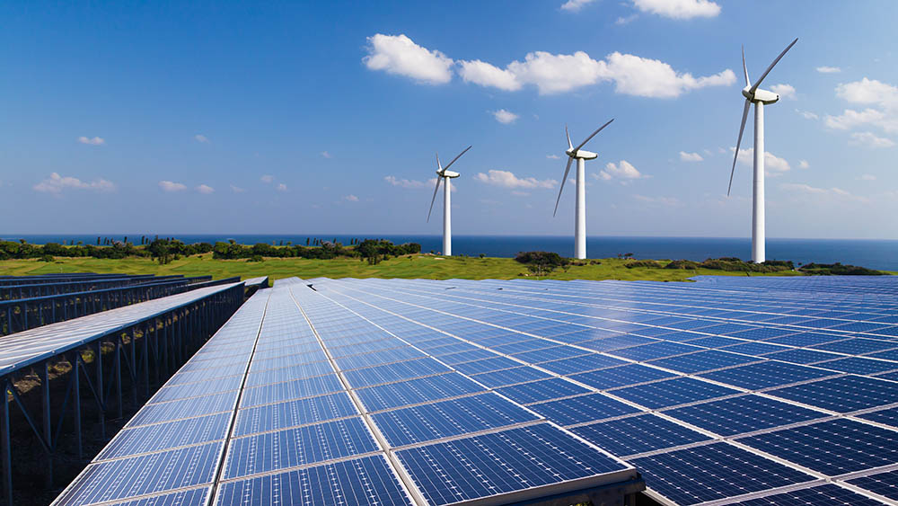 Wind turbines and solar panels generating energy