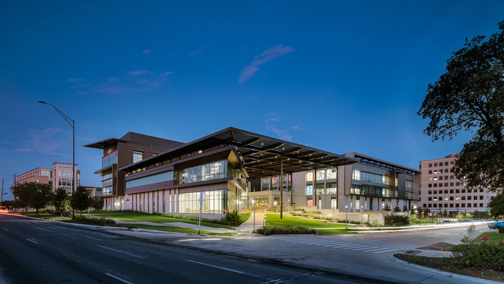 View of the back of the Zachry Engineering Education Complex in the evening.