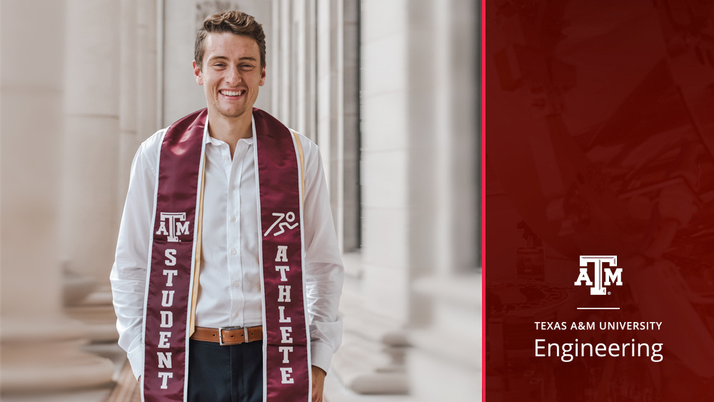 Jon Bishop (from the waist up) standing beside pillars outside of building. He is wearing a long white sleeve shirt with a maroon graduation sash around his shoulders that says "student athlete". He is smiling at camera.
