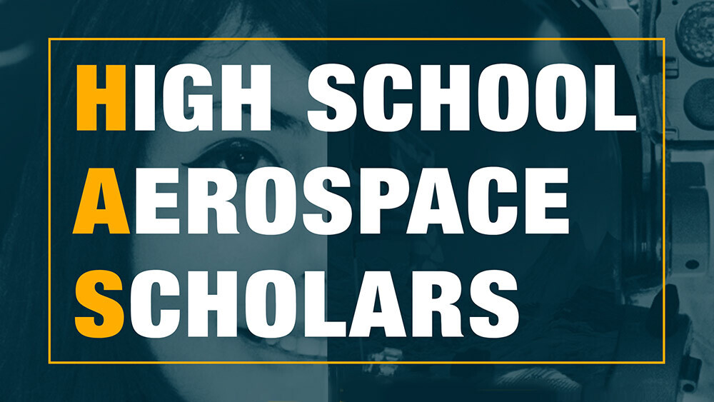 Female high school student, astronaut, and text that reads High School Aerospace Scholars