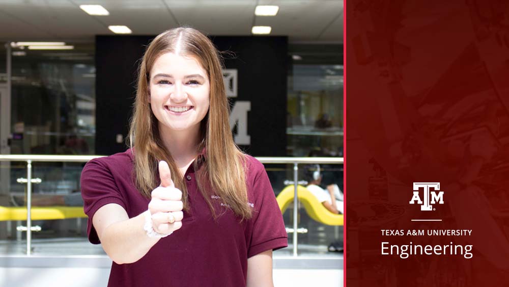 Headshot of Ashley Hicks smiling and giving a thumbs up to camera. To the right of the image is a maroon bar with the words "Texas A&M University Engineering"