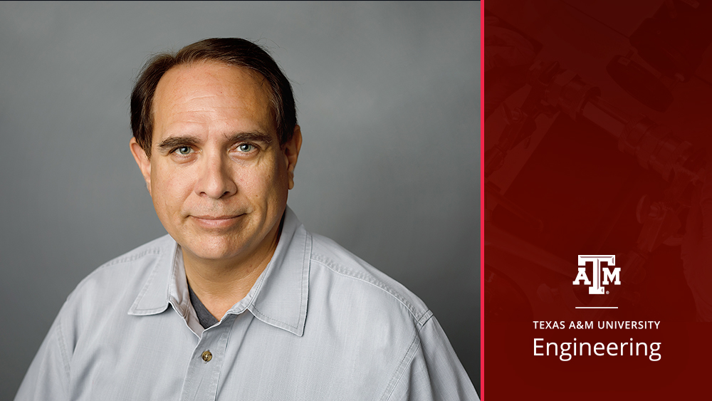 Head shot of Dr. Daniel Jimenez  smiling at camera next to Texas A&amp;M Engineering logo on maroon background.