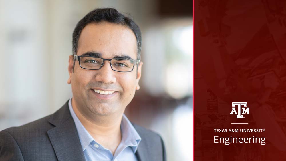 Dr. Akhilesh Gaharwar's headshot. Next to the image is a maroon bar with the words "Texas A&M University Engineering"