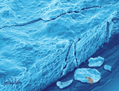 A microscope image of blue engineered living materials. The cells are stacked and look similar to an iceberg. In the corner of the image is a white polar bear.