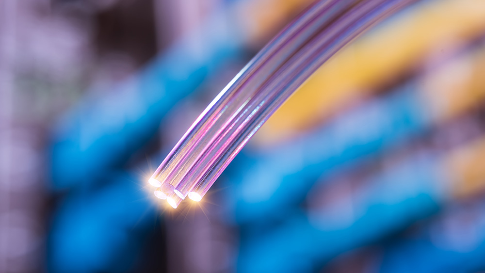 Close up focus on the lit-up ends of six optical fibers against a blurry background