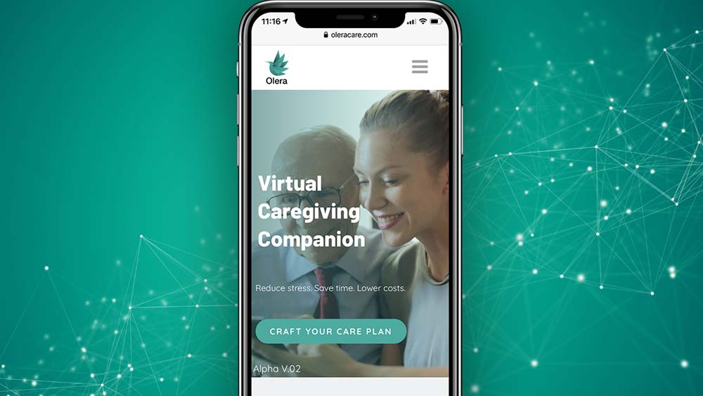 A demo screen of the Oleracare.com platform, including a photo of an older man next to a younger caregiver and the words "Virtual Caregiving Companion"