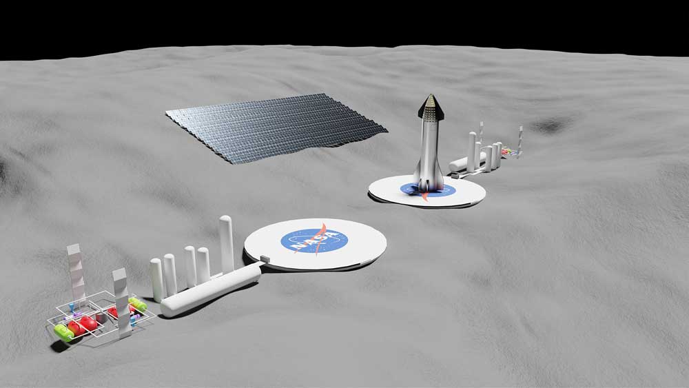 Rocket gas station on a moon-like surface.