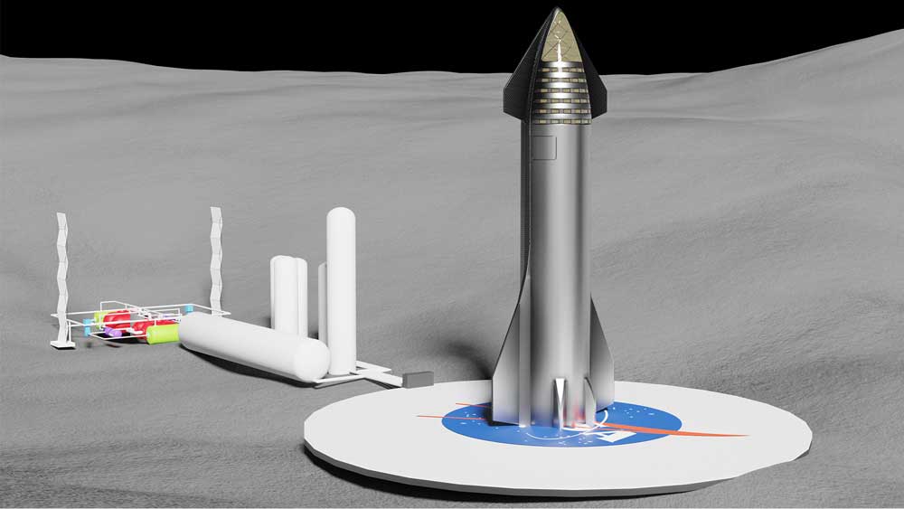Rocket on launchpad near gas-station on a moon-like surface