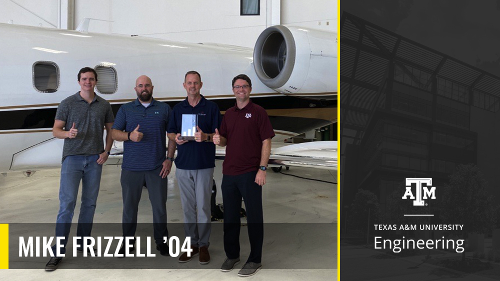 Four Aggie engineers at Albers Aero, the No. 1 company in the Aggie 100. From left; Stockton Schipul ’19, Cliff Aldredge ’04, ‘06, John Albers ’90 and Mike Frizzell ‘04.