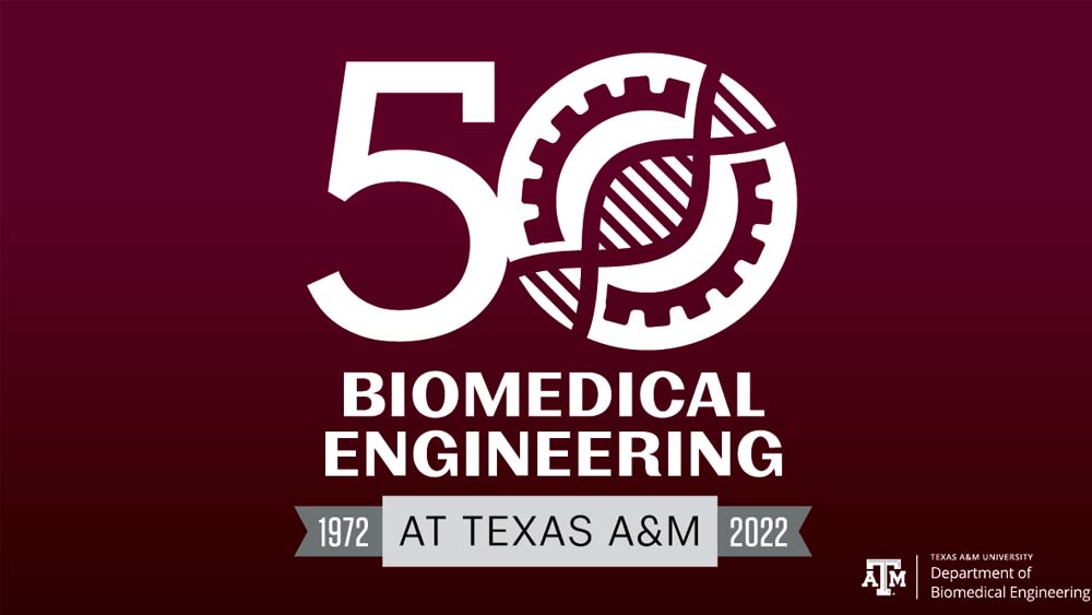 A maroon background with white text that reads "50 Biomedical Engineering at Texas A&M University."