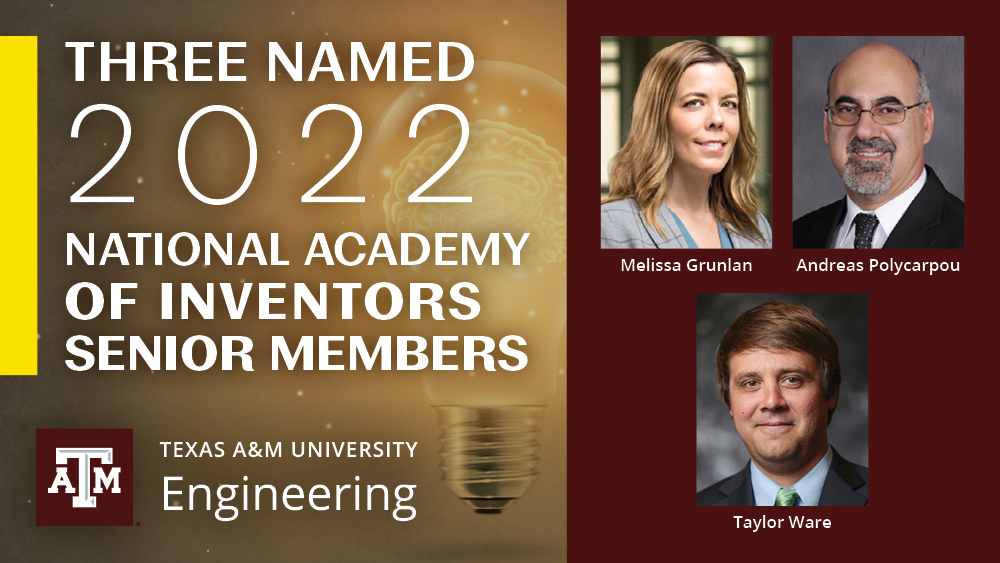 A web banner that reads "Three named 2022 National Academy of Inventors Senior Members" and the college logo, with head shots of Melissa Grunlan, Andreas Polycarpou and Taylor Ware.
