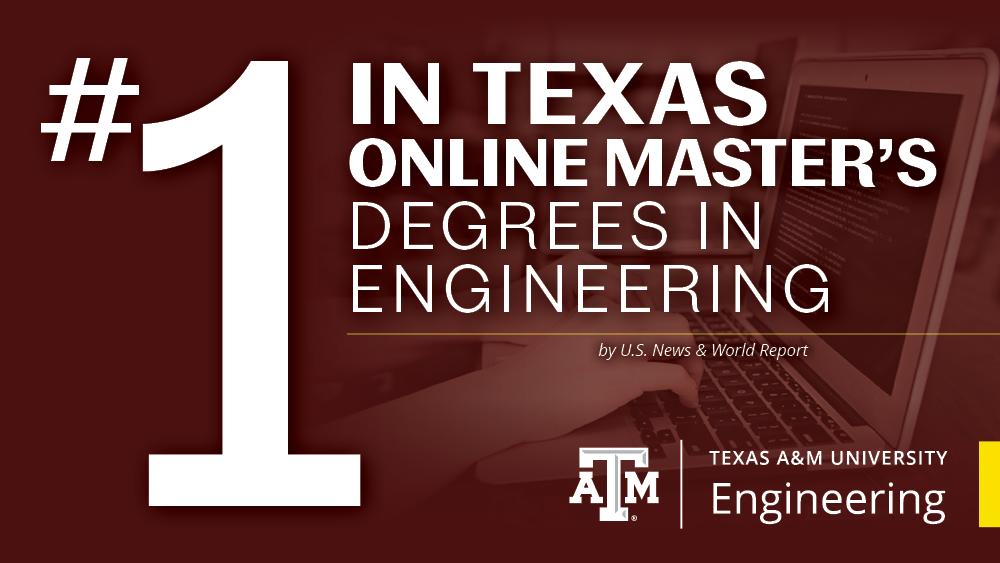 Hands typing on a laptop are seen behind a maroon overlay with text ontop that says: No. 1 In Texas Online Masters Degrees in Engineering by US News and World Report.