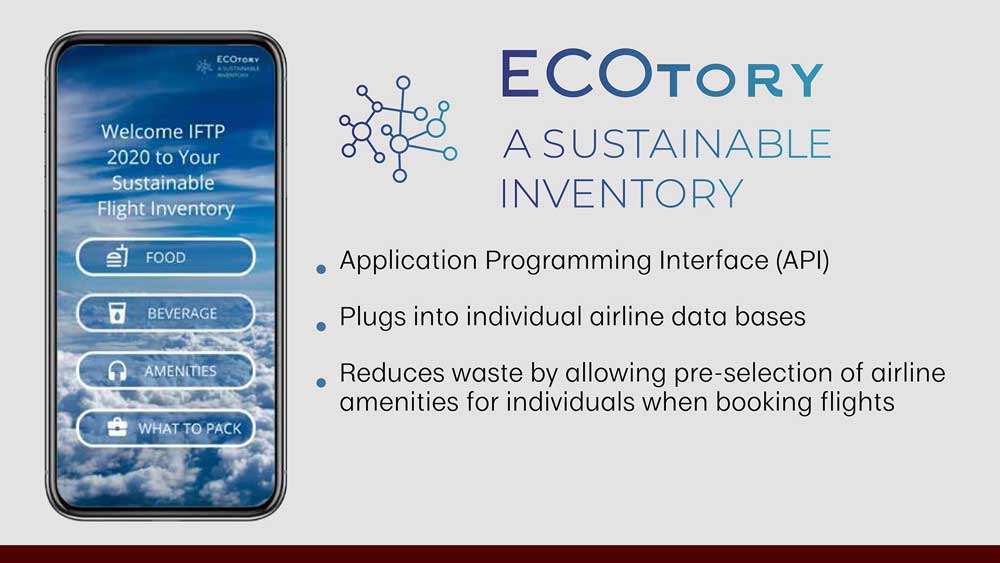 Graphic showing cellphone displaying ECOtory app. Text reads: ECOTory, a sustainable inventory. Application programming interface, plugs into individual airline databases, reduces waste by allowing pre-selection of airline amenities for individuals when booking flights.