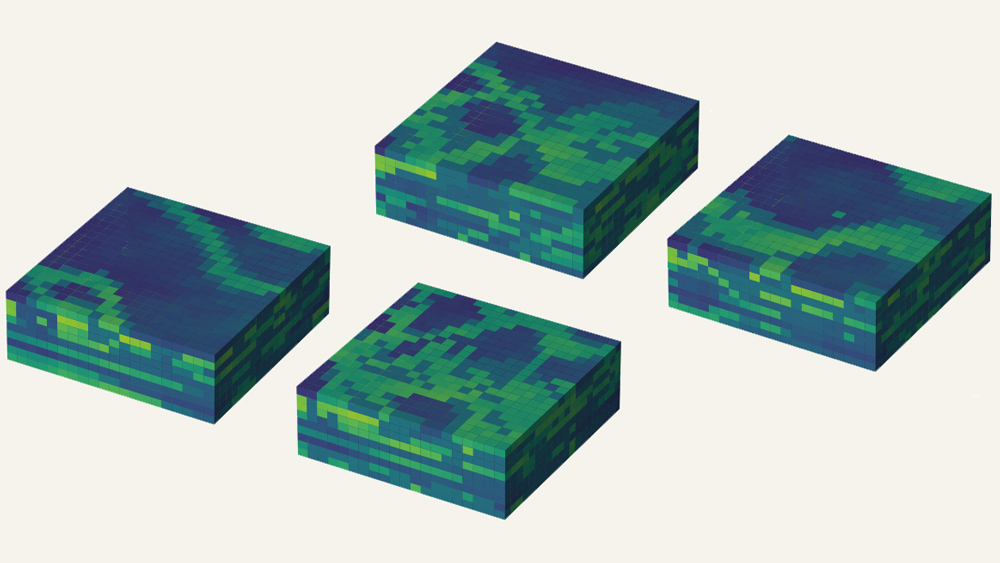 Four color-coded models that depict oil and gas subsurface resources