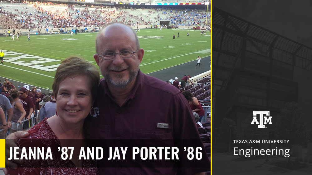 Jeanna and Jay Porter posing for a photo at an Aggie football game. 
