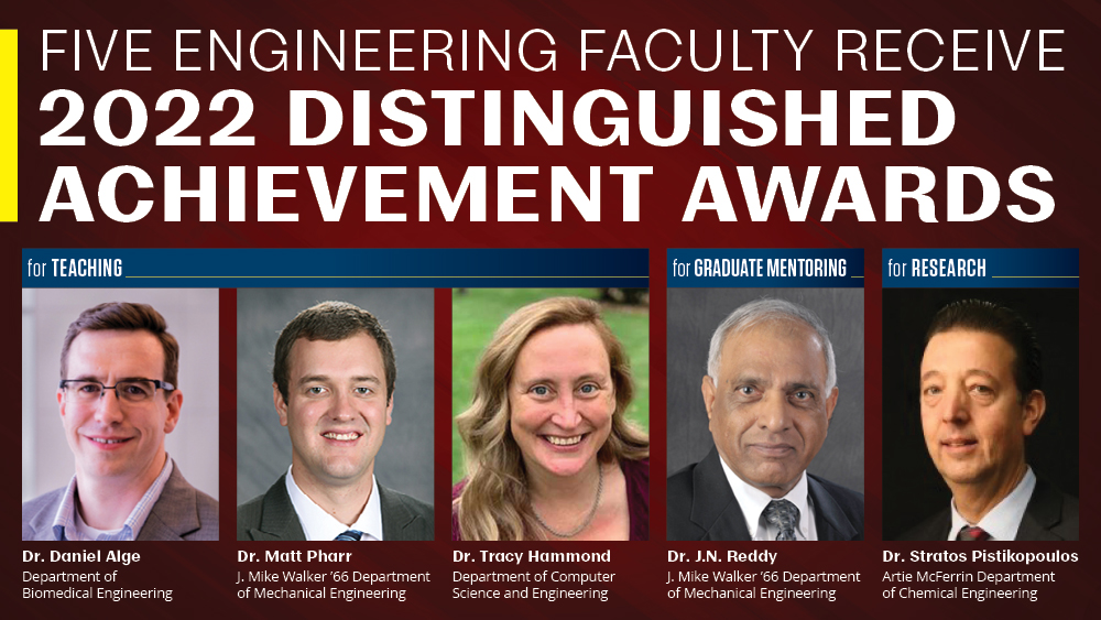 Graphic which reads Five engineering faculty receive 2022 Distinguished Achievement Awards, with:For teaching, Dr. Daniel Alge, Dr. Matt Pharr and Dr. Tracy Hammond; for graduate mentoring, Dr. J.N. Reddy; for research, Dr. Stratos Pistikopoulos. | Image: Texas A&M College of Engineering.