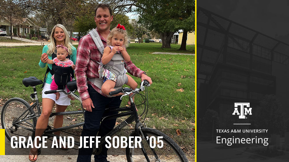 Grace and Jeff Sober with their two daughters riding a bike and posting for a photo.