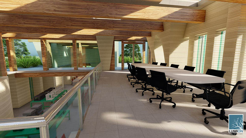 A 3D rendition of a spacious conference room with plenty of windows for natural lighting. 