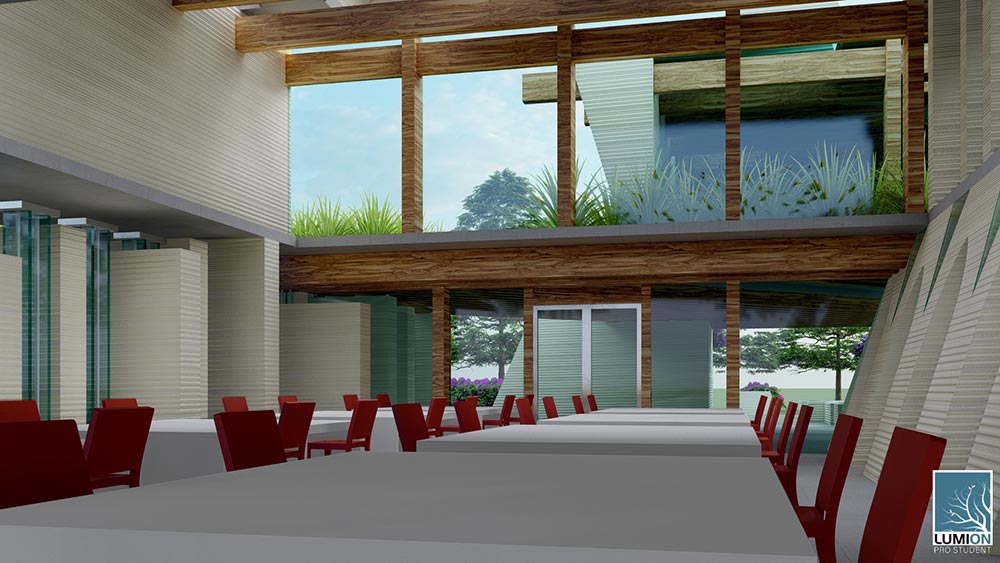 A 3D rendition of a student collaboration space. There are numerous tables and chairs, and natural lighting illuminates the room through the many windows. 