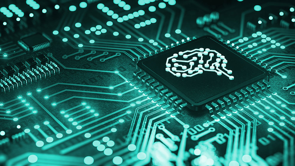 3D rendering of a circuit board with brain on chip to represent smart technology