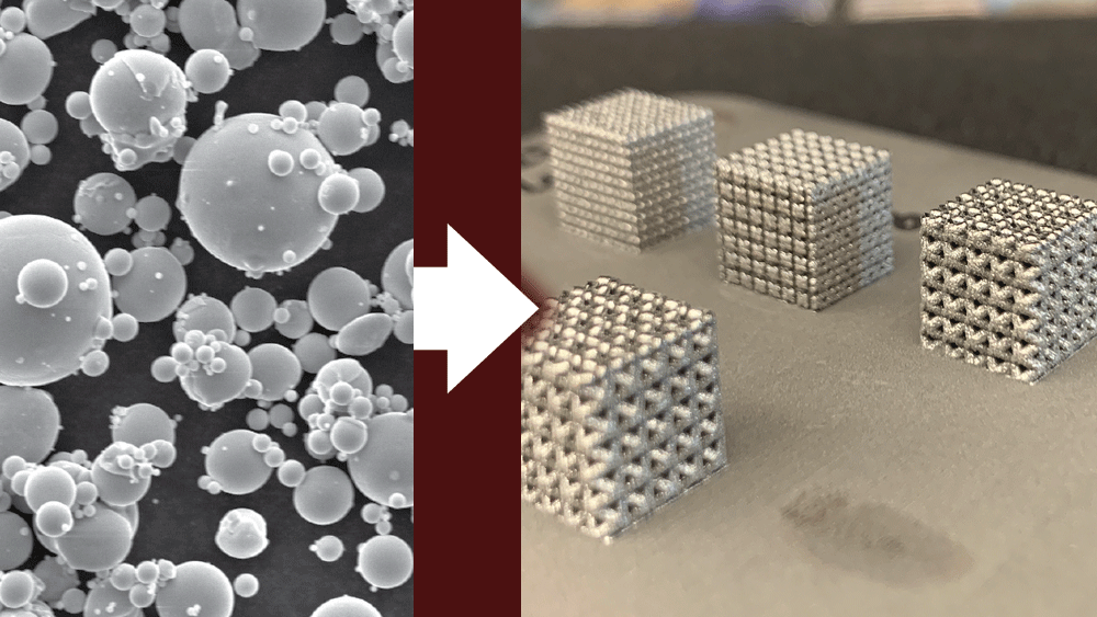 An electron micrograph of nickel-titanium powder is showcased on the left. The researchers can use this powder to fabricate 3D-printed parts, such as nickel-titanium lattices (right).