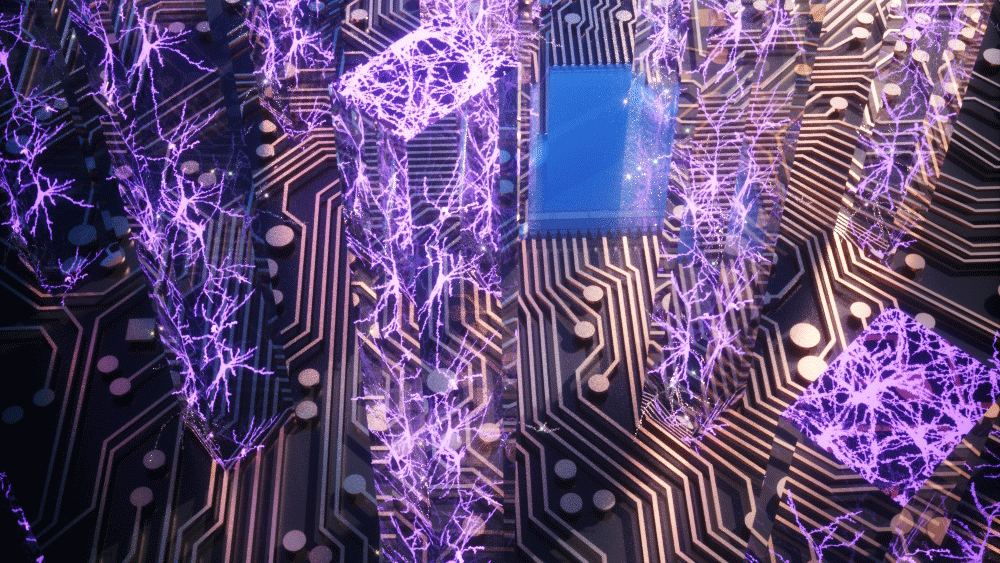 Abstract graphic of a microchip with brain neurons stemming upward.