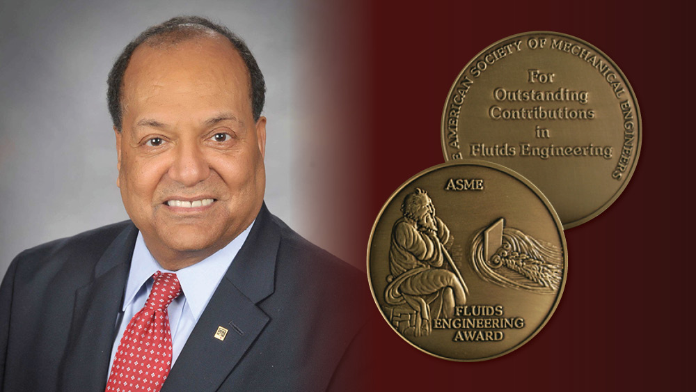 Headshot of Dr. Yassin Hassan with a fading maroon background showing a front and back view of the Fluids Engineering Award medal. 